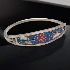 Vintage Alpaca Silver & Enamel Floral Inlay Bangle Bracelet 6-3/4" Mexico Abalon